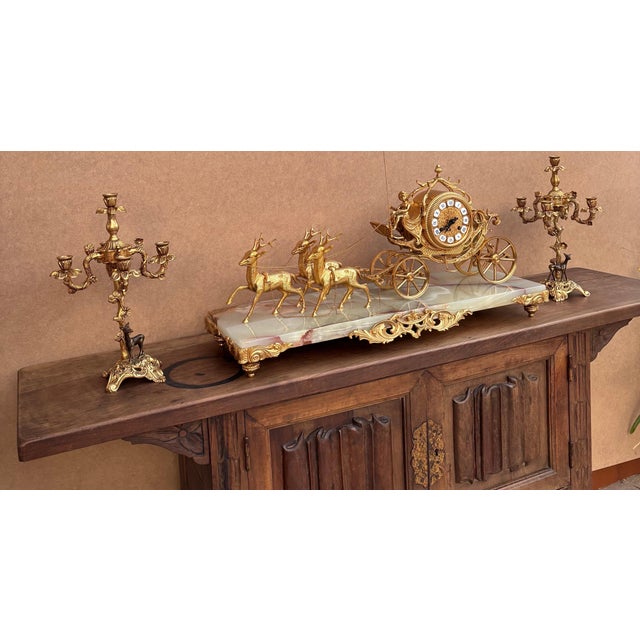French Early 20th Century Carriage Clock With Deer And Candlesticks In Gilt Bronze For Sale - Image 3 of 13