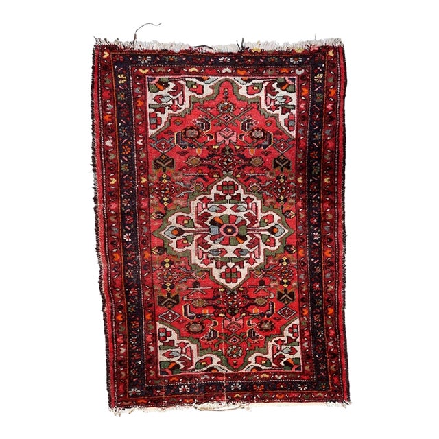 1920s, Antique Persian Hamadan Rug, Floral Medallion, 3 X 5 For Sale