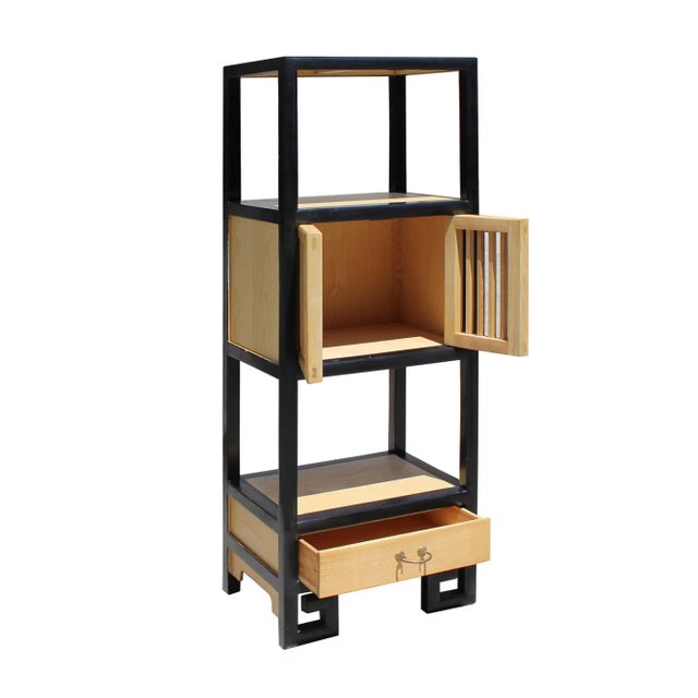 Oriental Black Rim Natural Wood Narrow Storage Display Bookcase Cabinet For Sale - Image 4 of 8
