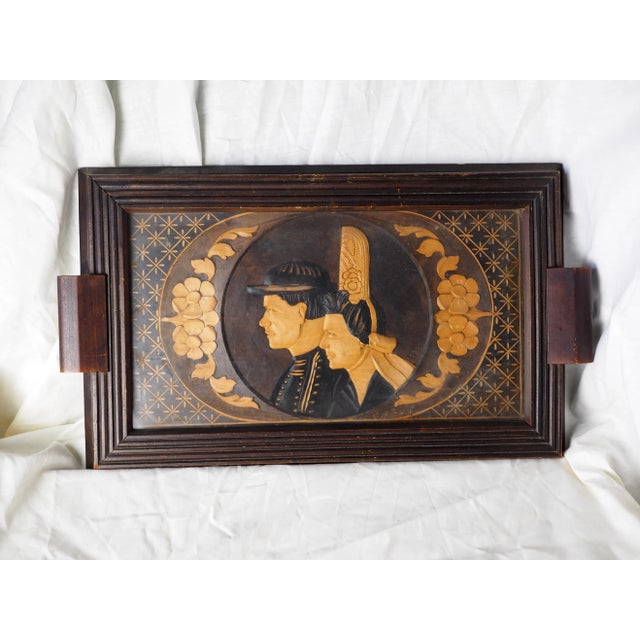 1930s French Breton Carved Wood Wedding Serving Tray, Couple in Traditionnal Costume For Sale - Image 11 of 11