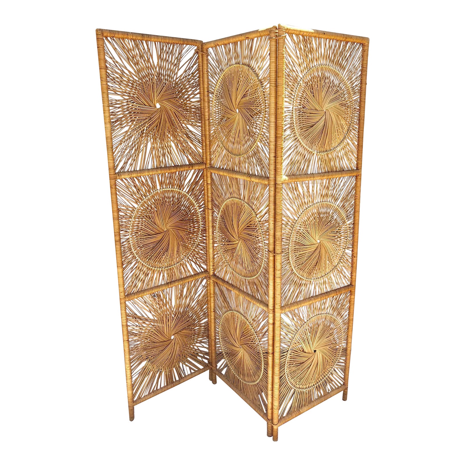 Vintage MidCentury Woven Rattan Sunburst Room Divider Three Panel