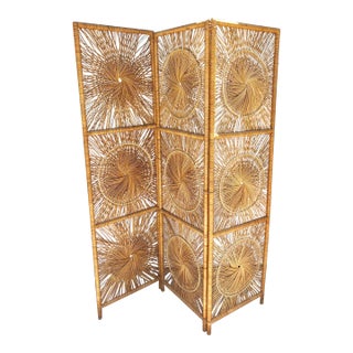 Vintage Mid-Century Woven Rattan Sunburst Room Divider- Three Panel For Sale