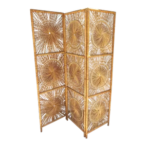 Vintage Mid-Century Woven Rattan Sunburst Room Divider- Three Panel