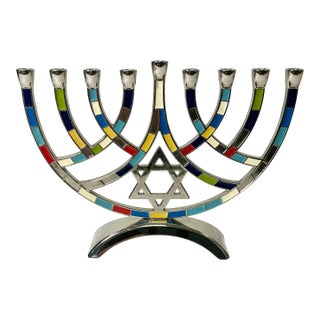 1980s Vintage Contemporary Postmodern Hollywood Regency Enamel and Chrome Menorah For Sale