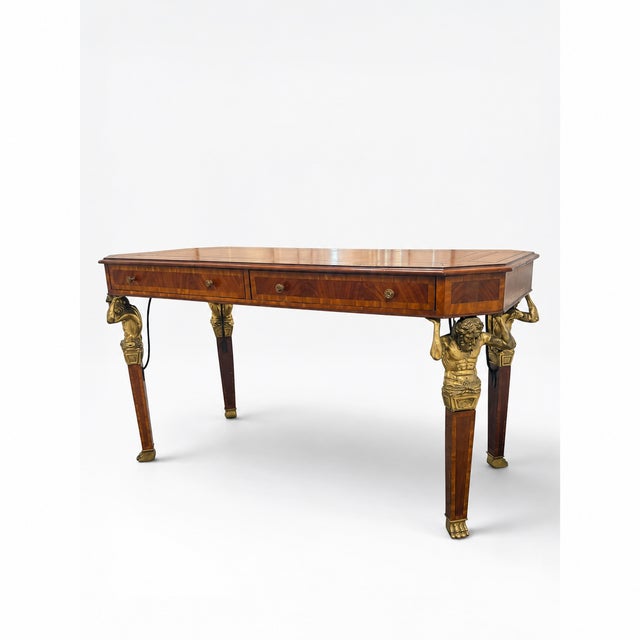 Wood Vintage Maitland-Smith Neoclassical Tooled Leather & Brass Figural Writing Desk For Sale - Image 7 of 15