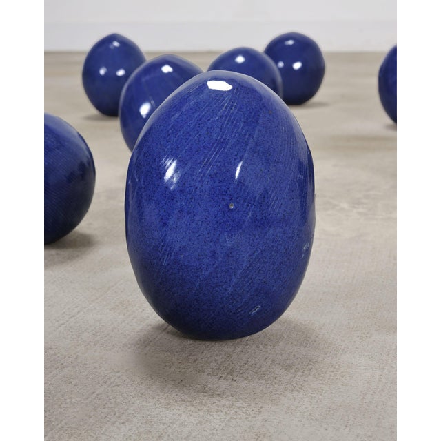 Ceramic Set of Blue Glazed Ceramic Garden Egg Sculptures After Jun Kaneko For Sale - Image 7 of 18