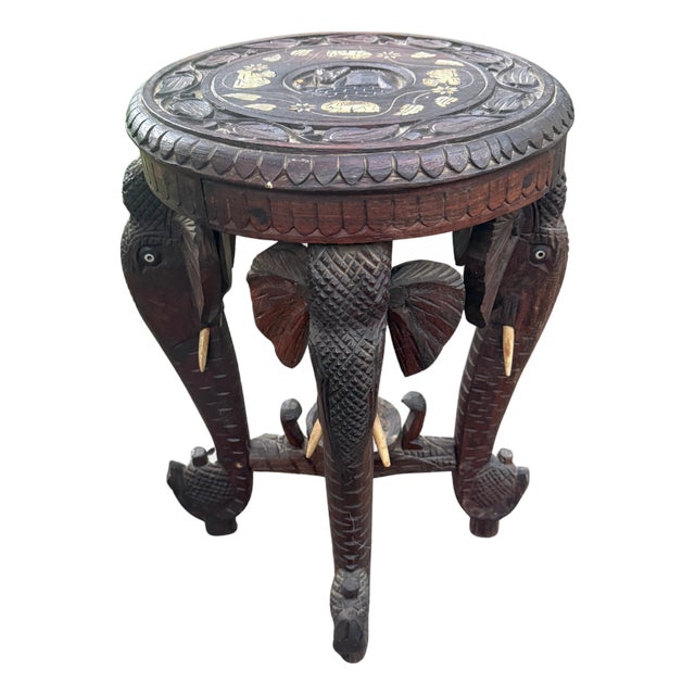 Antique Anglo-Indian Hand-Carved Elephant Side Table With Bone Inlay For Sale