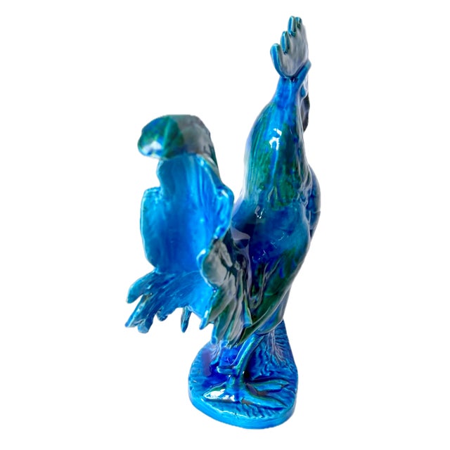 Vintage Italian Blue & Green Ceramic Rooster Figurine For Sale - Image 4 of 9