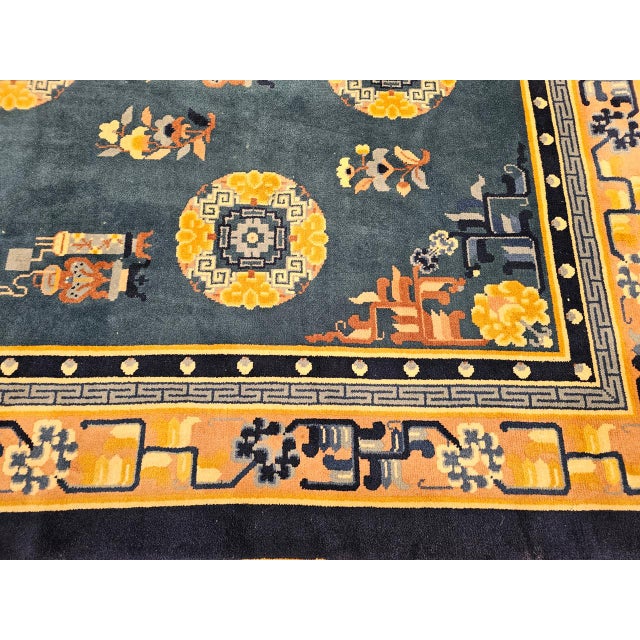 Vintage Art Deco Chinese Rug, Handwoven Wool Pile, Floral Design, Blue, 6' x 8' For Sale - Image 12 of 14