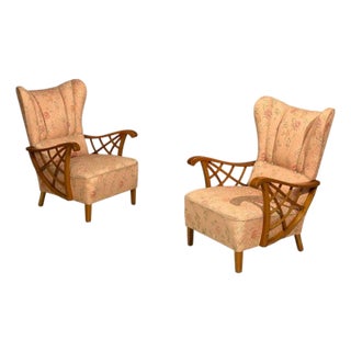 Swedish Modern, Lounge Chairs, Braided Wood, Fabric, Sweden, 1930s For Sale
