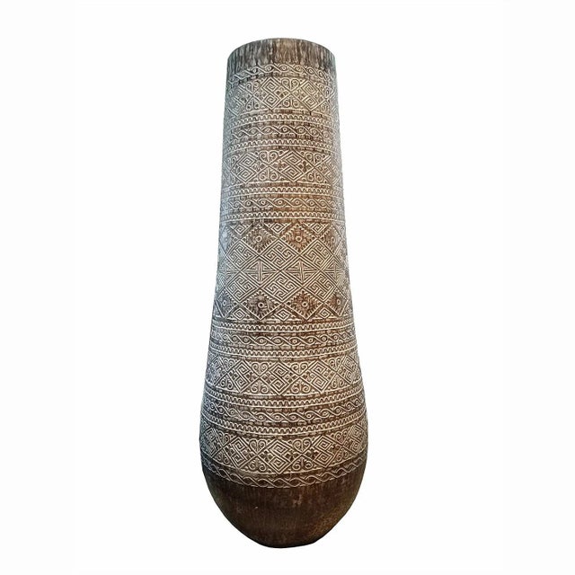 Wood Early 21st Century Tall Hand-Carved Palm Pot For Sale - Image 7 of 7