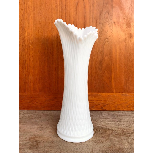 Vintage Mid-Century Modern Milk Glass Swung Stretch ruffled top Glass Vase in the Fenton Glass Manner. In excellent...