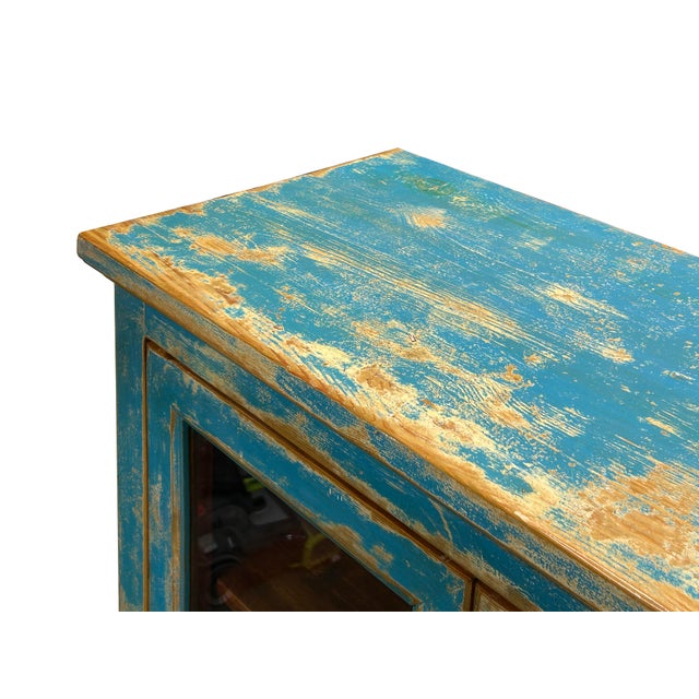 Shabby Chic Turquoise Blue Half-Glass Doors Medium Size Cabinet For Sale - Image 14 of 15