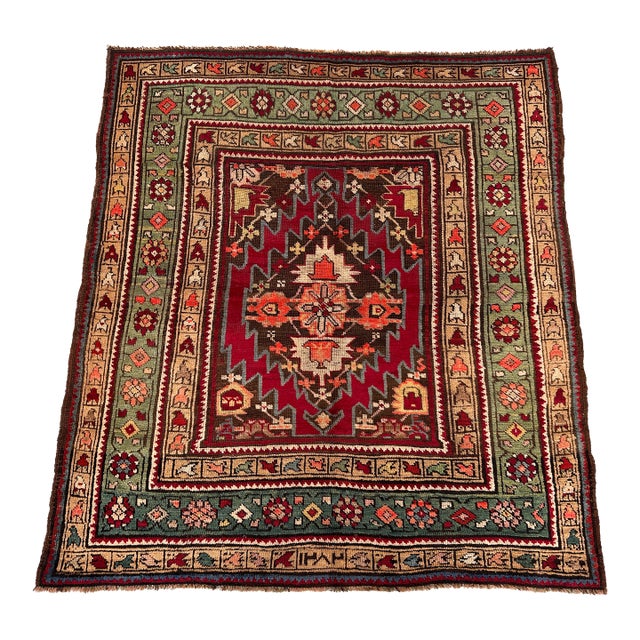 Antique Caucasian Akstafa Hand-Knotted Wool Rug - 4'6" X 4'2" For Sale