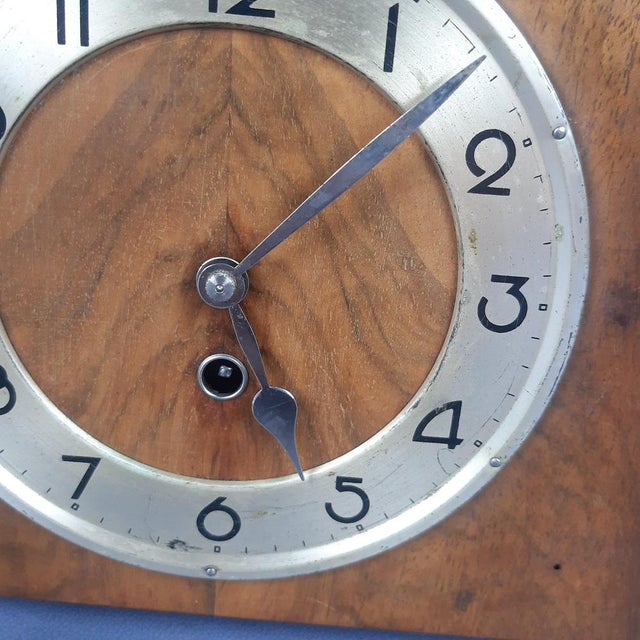 Wood Vintage Wooden Hand-Winding Mechanical Table Clock with Key, 1940s For Sale - Image 7 of 15