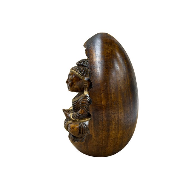 1980s Vintage Oval Egg Shape Wood Relief Carved Buddha Meditation Figure For Sale - Image 5 of 8