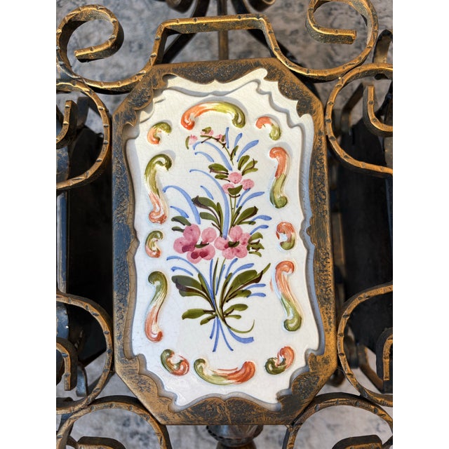 Metal Vintage Gilded Lantern Pendant With Four Dimensional Porcelain Hand Painted Plaques For Sale - Image 7 of 10