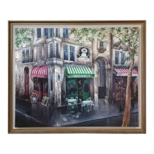 Decorative Oversized Oil Painting French Cafe Street Scene 20th C