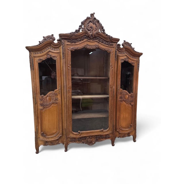 Rococo Antique French Louis XV Style Hand-Carved Walnut Vitrine Bookcase For Sale - Image 3 of 12