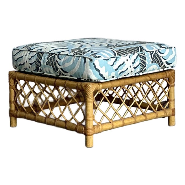 Vintage Boho Bielecky Brothers Trellis Rattan Ottoman in Alan Campbell “Ferns” For Sale