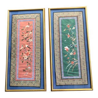 Vintage Chinoiserie Framed Silk Embroidery Textile Art - a Pair For Sale