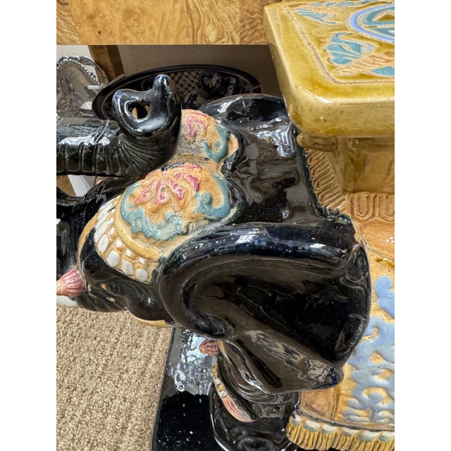 Vintage Colorful Black Porcelain Elephant Garden Stools, a Pair For Sale - Image 4 of 12