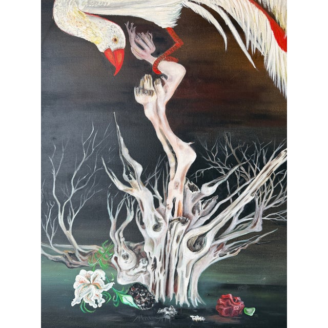1970s Vintage Surrealist Bird & Tree Oil on Canvas Painting, Framed, Signed b.d.c. For Sale - Image 10 of 12