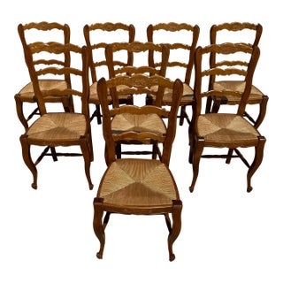 1910s Vintage French Country Provencal Solid Walnut Rush Seat Dining Chairs - Set of 8 For Sale