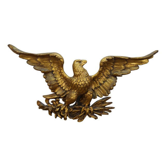 Syroco Mid Century Gold Gilt Resin Federal American Bald Eagle Wall Plaque 37" For Sale