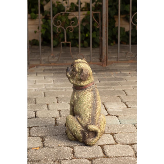 English Vintage Composition Sitting Dog Sculpture with Glass Eyes and Red Collar For Sale In Atlanta - Image 6 of 8