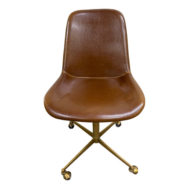 World Market Marina Cognac Brown Faux Leather Adjustable Swivel Office Chair For Sale