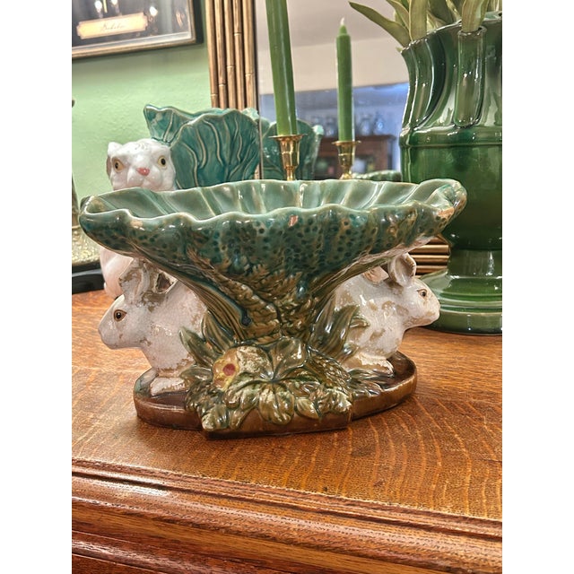 Cabin Late 20th Century Majolica Style Bunny Rabbit Compote From Three Hands Corp For Sale - Image 3 of 12