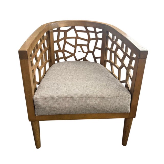 A Pair Mid-Century Modern Inspired Teak Fretted Barrel Tub Chairs For Sale - Image 4 of 12