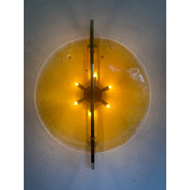2020s Italian Wall Light in Amber Murano Glass Disc and Brass Metal Frame For Sale - Image 5 of 10
