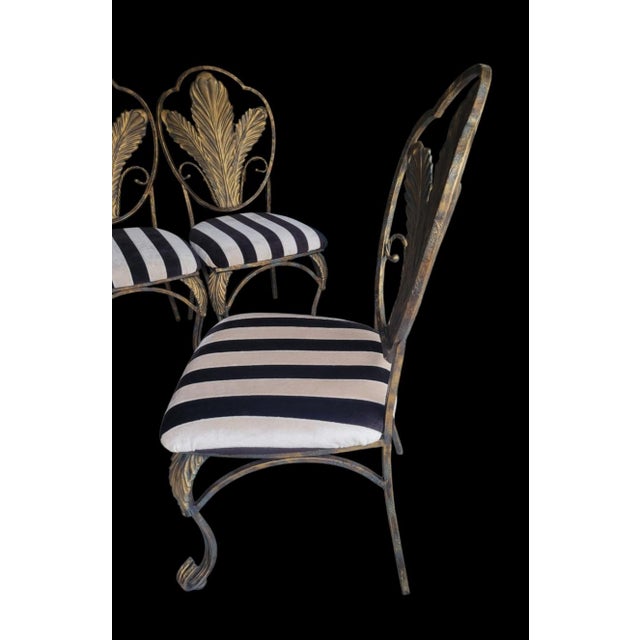 Metal 1990s Hollywood Regency Gold Gilt Metal Leaf Back Dining Chairs With Black & Cream Striped Upholstery - Set of 6 For Sale - Image 7 of 15