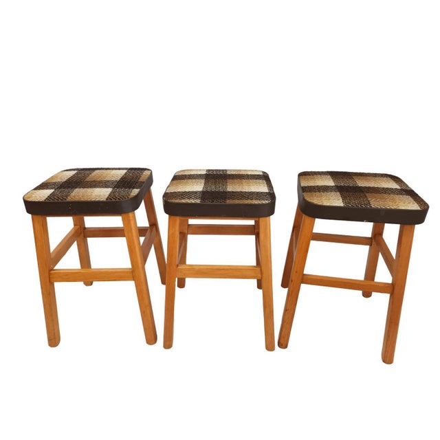 Mid-Century Modern Vintage Stool English Maid Stools with Wooden Tartan Seat, 1960s, Set of 3 For Sale - Image 3 of 15