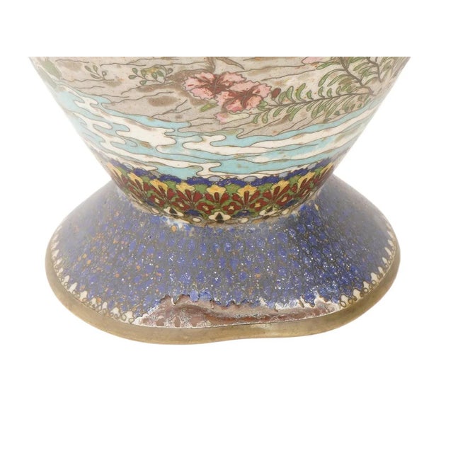 Paint Pair of Meiji Japanese Cloisonne Enamel Vases With Ducks and Floral Scenes For Sale - Image 7 of 8
