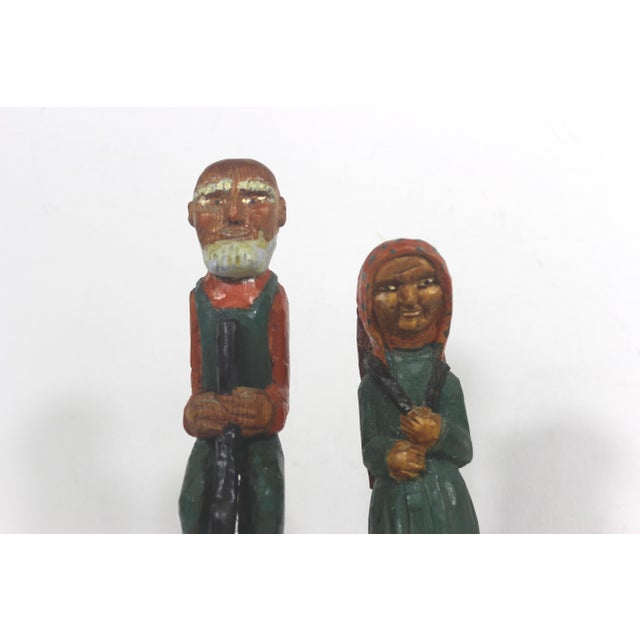 Vintage Hand Carved Painted Wood Man and Woman Folk Art Couple Figurines Carving, Shelf Decor For Sale - Image 6 of 12