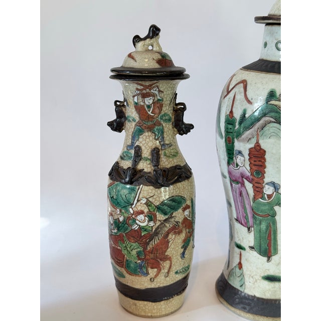 Chinese Late 19th Century Set of 3 Chinese Warrior Garniture Urns With Lids For Sale - Image 3 of 12