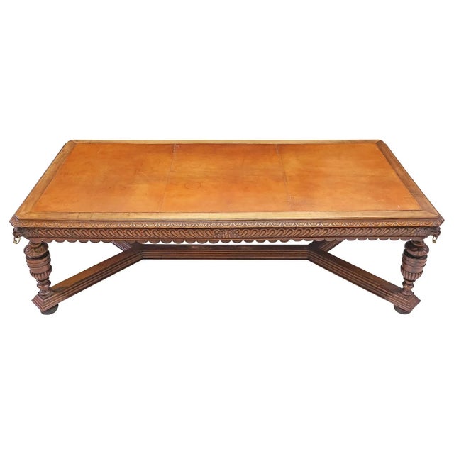 English 1800s Antique English, Jacobean Revival, Carved, Leather Top, 103". Library Table For Sale - Image 3 of 5