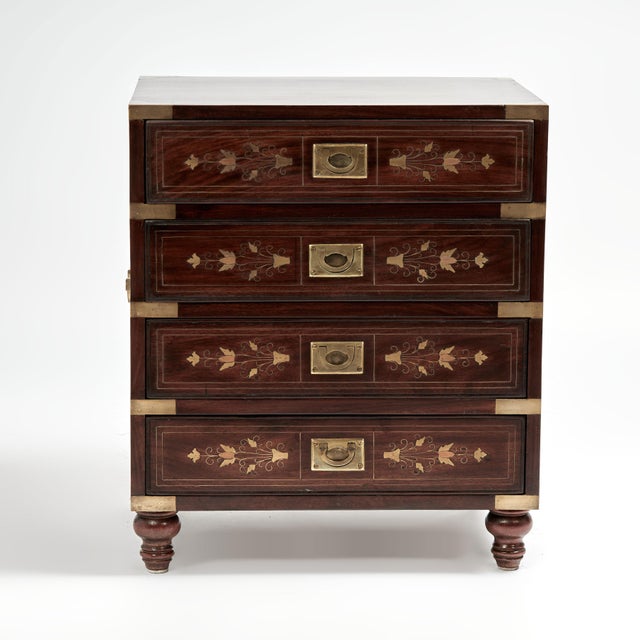 English Vintage Pair of Anglo Indian Campaign Style Inlaid Rosewood Stands For Sale - Image 3 of 16