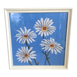 Vintage Retro 1960's Daisy Flower Needlepoint Cross Stitch Framed Art For Sale