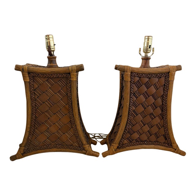 Vintage Bamboo and Leather Strap Table Lamps - A Pair For Sale