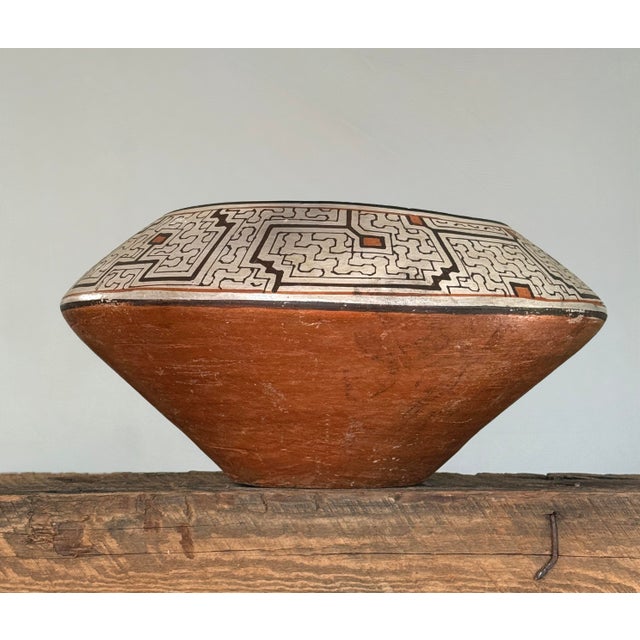 Monumental Shipibo Folk Art Polychrome Geometric Wood-Fired Vessel For Sale - Image 4 of 12