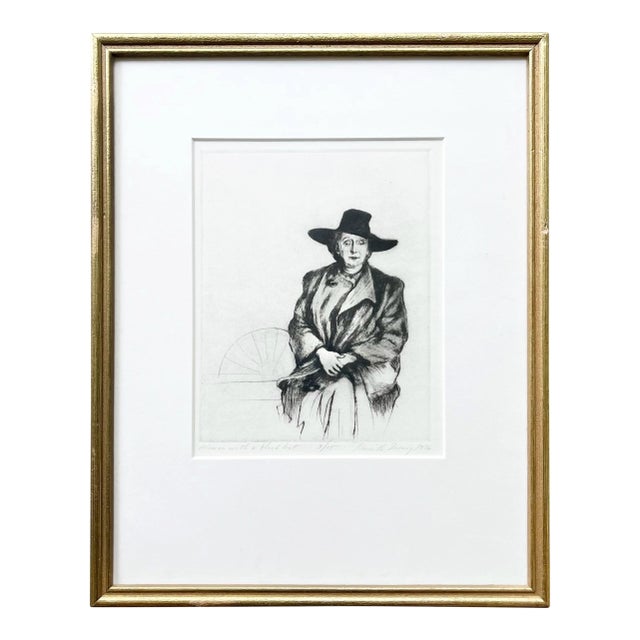 1976 Priscilla Treacy "Woman With a Black Hat" Rembrandt-Style Framed Litho Print For Sale