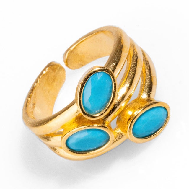 2020s Trio Turquoise Gemstone & Gold Stylish Adjustable Cocktail Ring For Sale - Image 5 of 7
