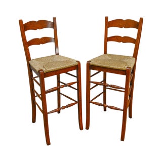 French Country Style Pair of Rush Seat Ladder Back Bar Stools For Sale