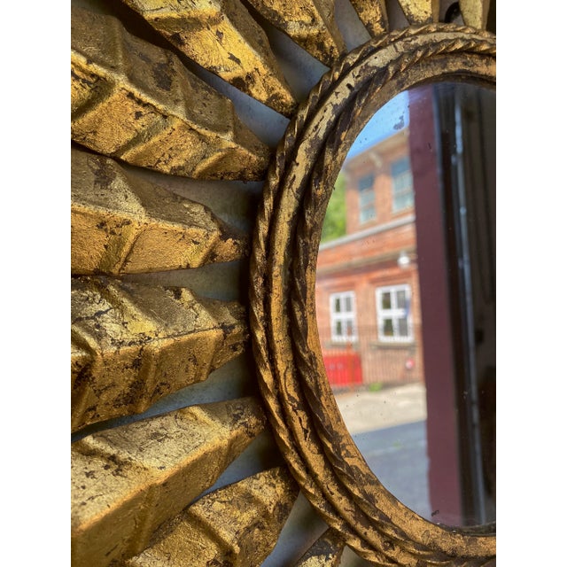 Small Spanish Gilt Metal Sunburst Mirror With Pointed Alternating Leaves For Sale - Image 9 of 13