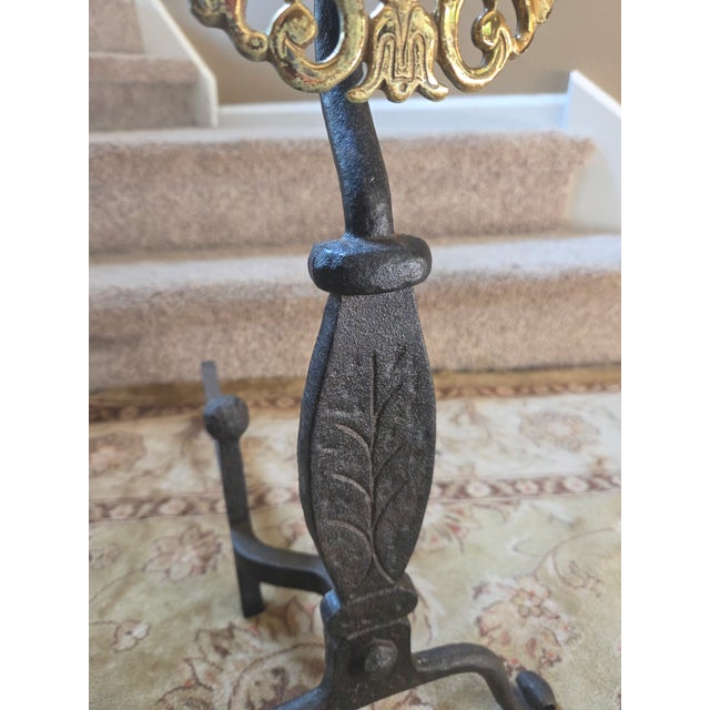 Metal Vintage Virginia Metal-Crafters Iron With Brass Medallions Andirons - A Pair For Sale - Image 7 of 9