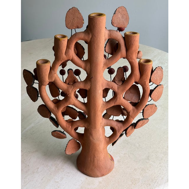 Mexican Folk Art Ceramic Candelabra Tree of Life Adam and Eve For Sale In San Diego - Image 6 of 8